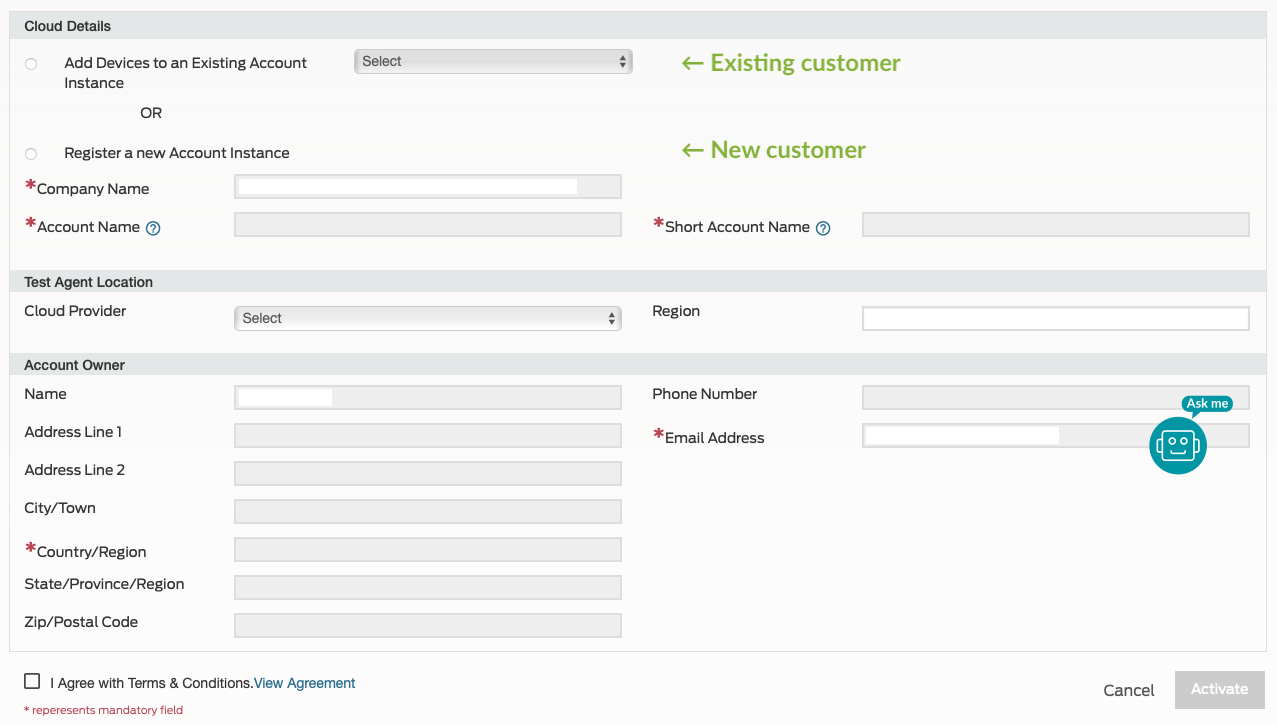 Form for setting up a cloud account with sections for cloud details, test agent location, and account owner information.