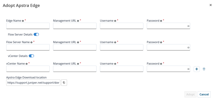 Adopt Apstra Edge dialog box with fields for Edge Name, Management URL, Username, Password, and optional Flow Server and vCenter details.
