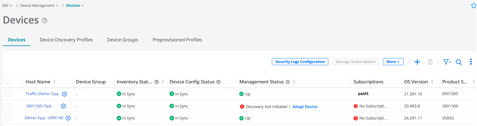 Device management interface showing three devices: Traffic-Demo-Test, SRX1500-Test, Demo-Test -vSRX140. All devices are in sync. SRX1500-Test management status is Discovery Not Initiated, option to Adopt Device. Traffic-Demo-Test has subscription paid1.