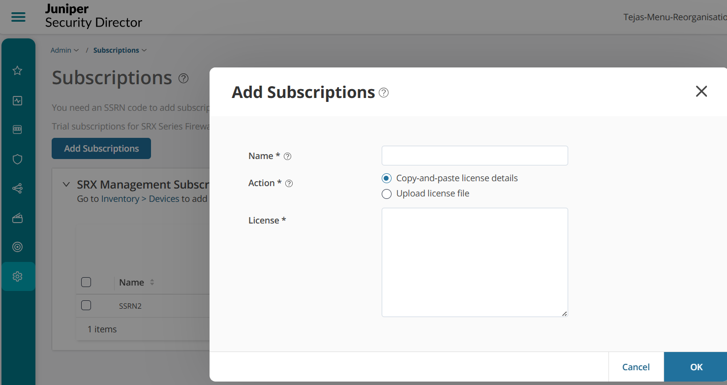 Juniper Security Director interface showing Add Subscriptions pop-up with fields for subscription name and license details. Options to paste or upload license. Sidebar includes Dashboard, Monitor, SRX, Shared Services, Administration.