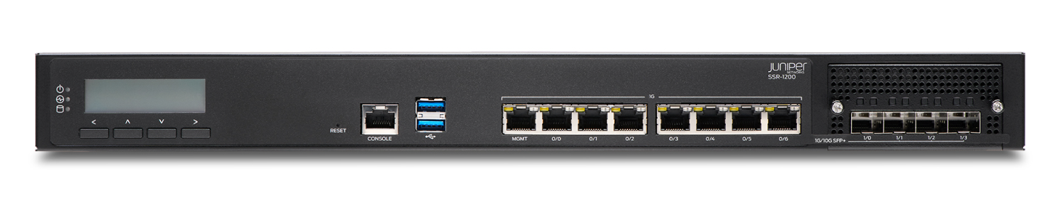 Juniper SSR1200 Session Smart Router with LCD display, console and USB ports, multiple Ethernet and SFP ports, and ventilation for SD-WAN solutions.