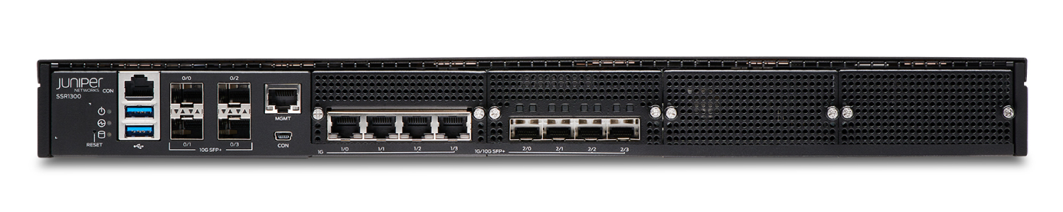 Rear view of Juniper Networks SSR1300 showing Ethernet and USB ports, MGMT and CON ports, ventilation grills, and device label.