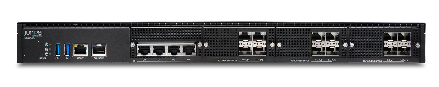 Juniper Networks SSR1500 SD-WAN appliance front panel with USB, MGMT, Console, Ethernet, SFP ports, reset button, and status LEDs.
