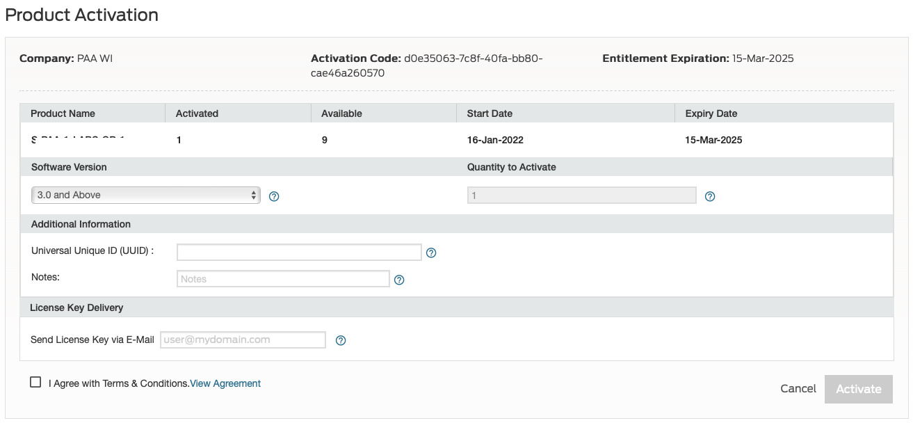 Product activation interface with fields for activation code and UUID; options to select software version and quantity; email delivery; activate and cancel buttons.