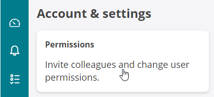 Account and settings section with Permissions card. Cursor hovers over card to invite colleagues and change user permissions.