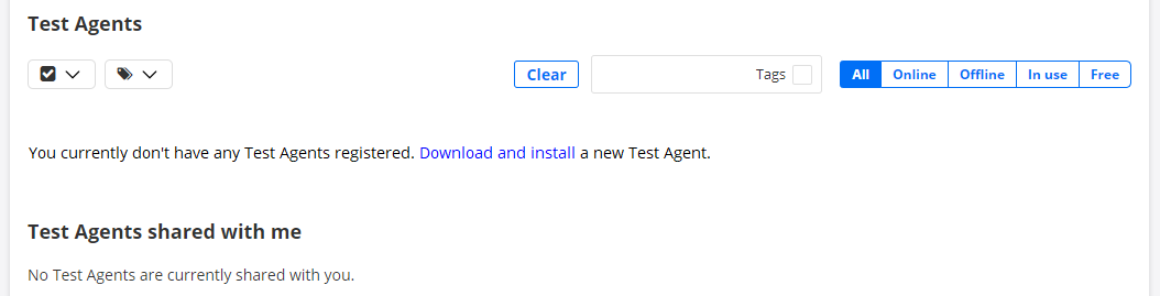 Test Agents interface showing no registered or shared agents, with options to filter by status and tags.