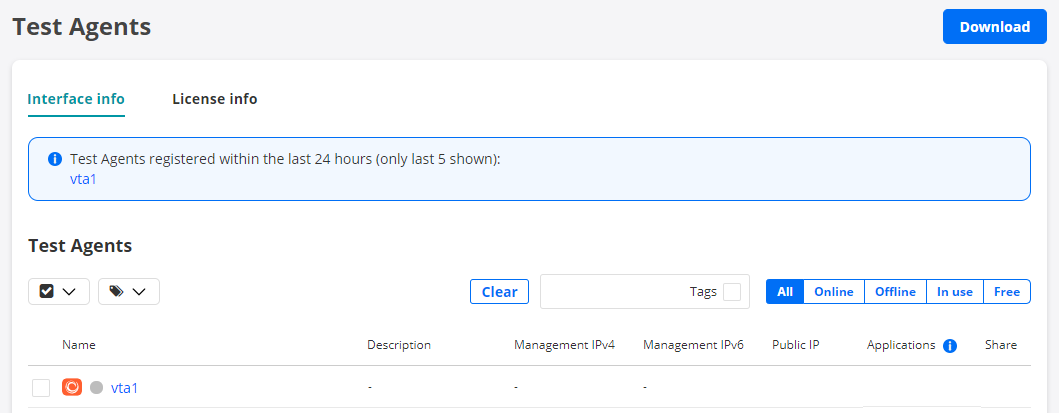 User interface for managing Test Agents with header Test Agents, active tab Interface info, notification of recent registrations, table listing agents with empty fields for Description, IP addresses, and Share, filters for status and tags, and a blue Download button.