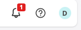 Notification bell with one new notification, help icon for assistance, and profile icon with the letter D.