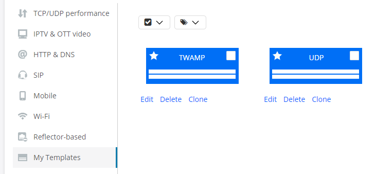 Software interface for network performance with categories like TCP/UDP performance and IPTV OTT video. Templates TWAMP and UDP shown with options to edit delete or clone.
