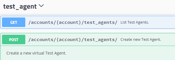 API documentation interface for managing test_agent resources with endpoints: GET to list agents and POST to create agents.