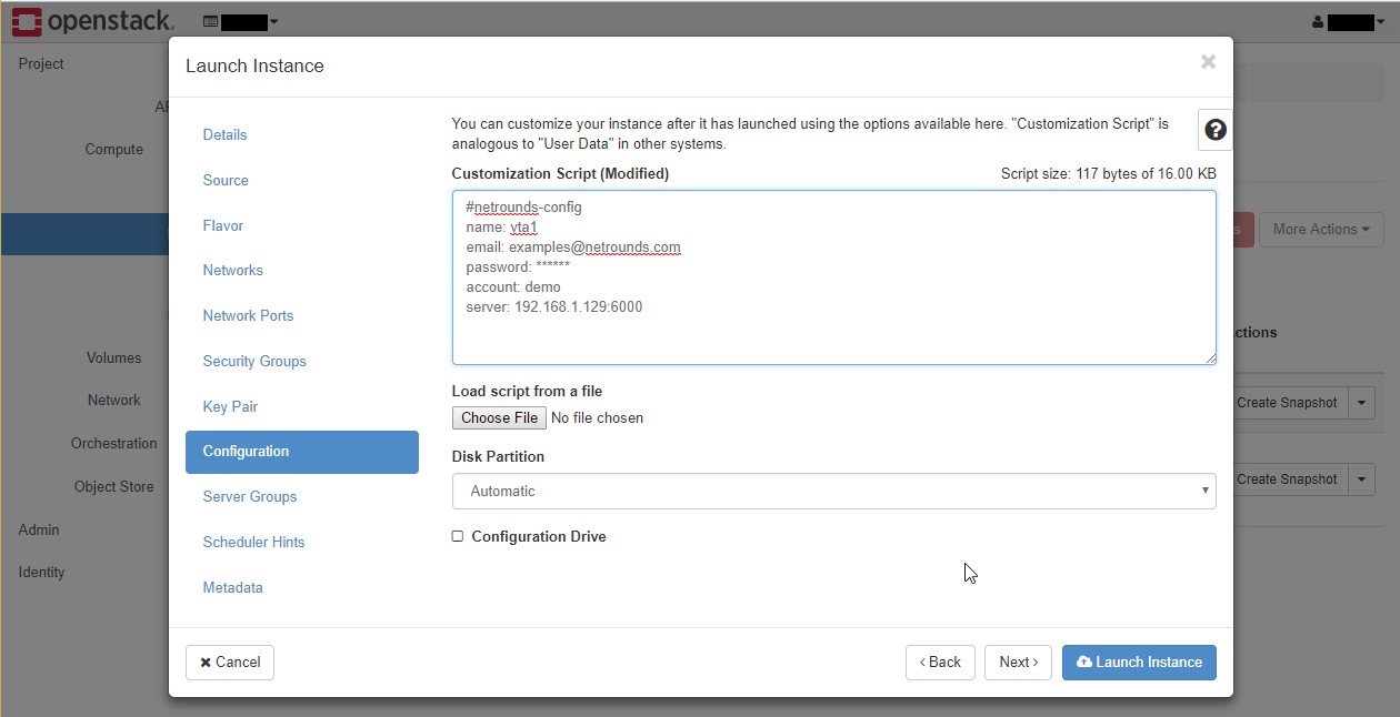 OpenStack dashboard Launch Instance wizard Configuration tab showing a customization script input for instance setup with parameters like name vta1, email example@netrounds.com, and account demo.