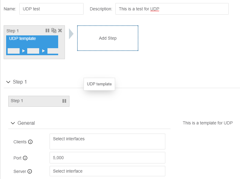 User interface for setting up a UDP test configuration with fields for test name, description, client and server interfaces, and port selection.