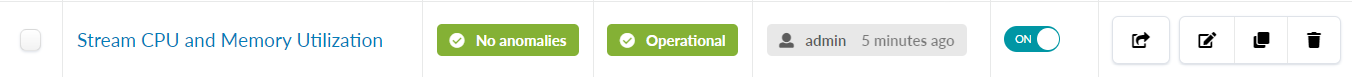 Stream CPU and Memory Utilization dashboard with no anomalies and operational status. Last updated by admin 5 minutes ago. Monitoring is ON.