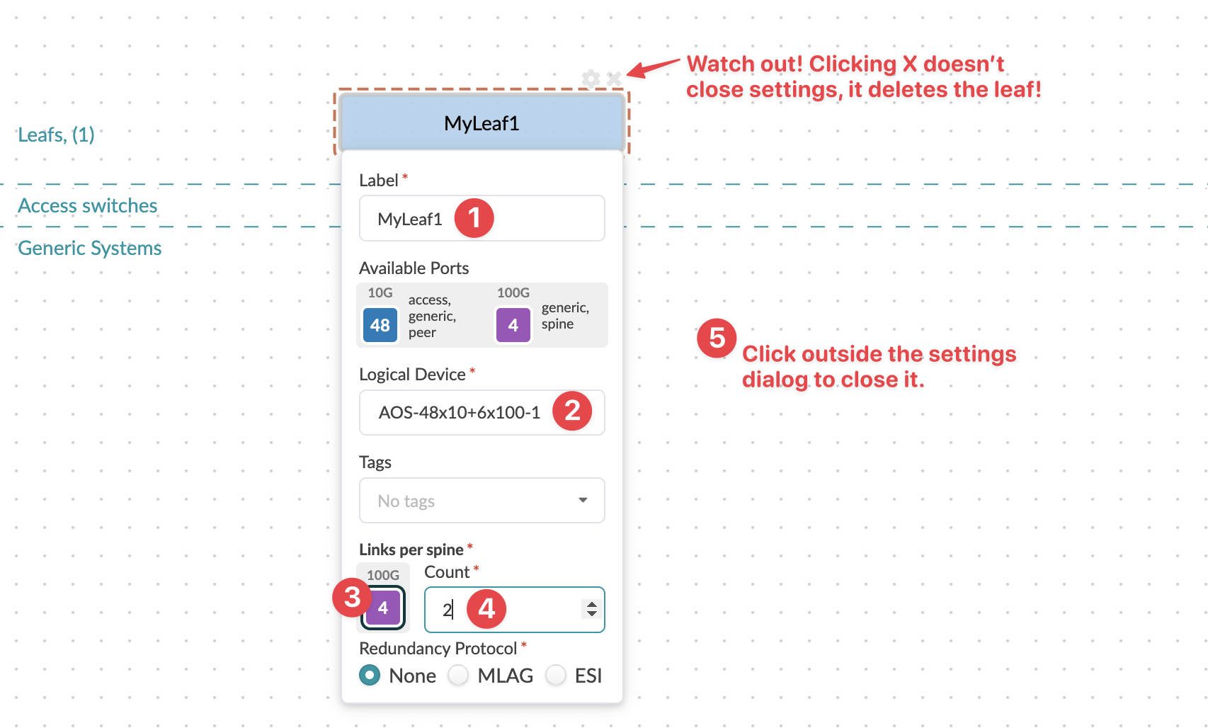 Network configuration interface for Leaf device MyLeaf1 with 48x10G and 4x100G ports, links per spine set to 2, redundancy options, and warning about device deletion.