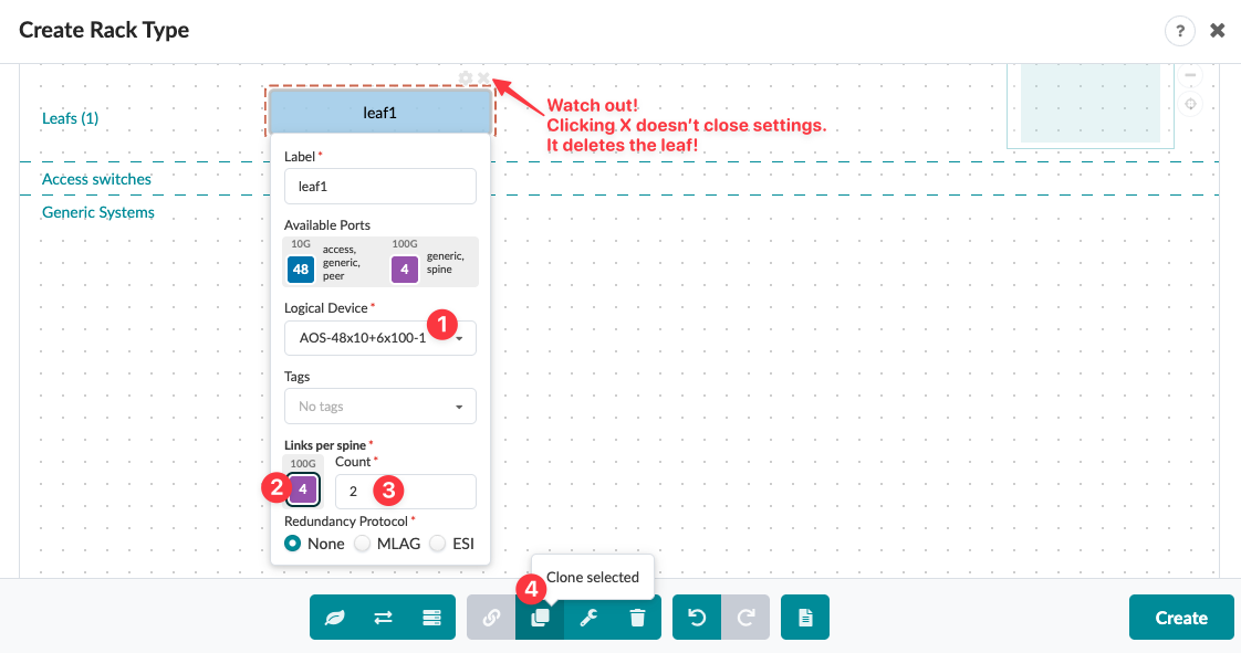 User interface for creating a Rack Type in a network tool; features leaf switch configuration, warning on delete, and clone option.