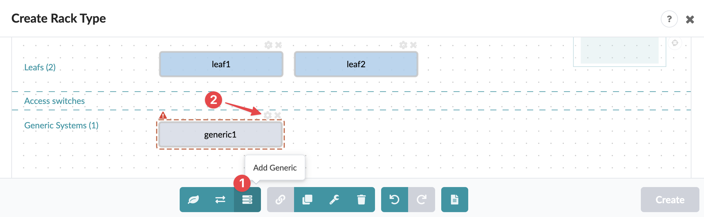 User interface for rack type creation in network design tool; includes two leaf components labeled leaf1 and leaf2, empty Access switches section, one generic system labeled generic1 with red dashed border indicating an issue, toolbar with action icons, and action indicators for Add Generic button and settings gear icon for generic1 system.