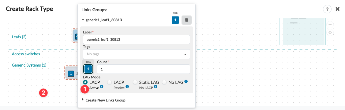 User interface for creating a rack type in network management software. Links Groups section shows settings with label generic1_leaf1_30813, count 1, LACP Active, and a button to create a new links group.