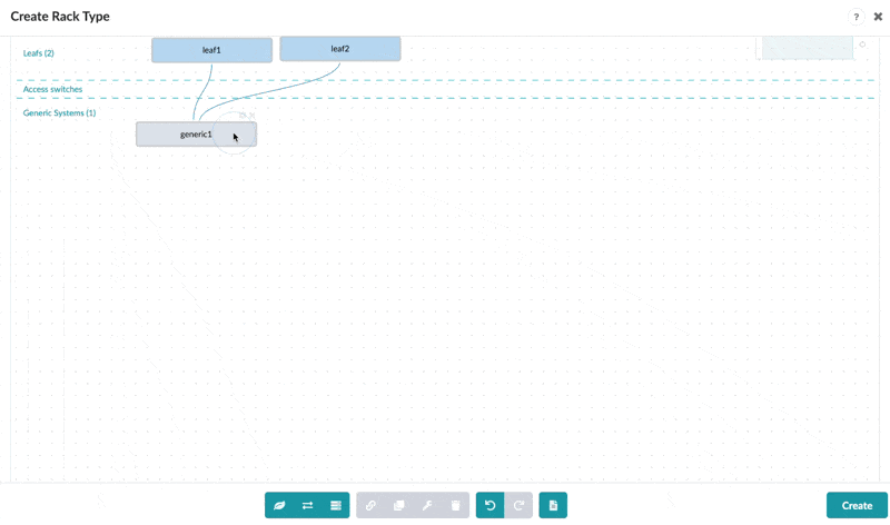 GUI for creating Rack Type in network design tool showing leaf1 and leaf2 switches, generic1 system, toolbar with editing icons, and Create button.