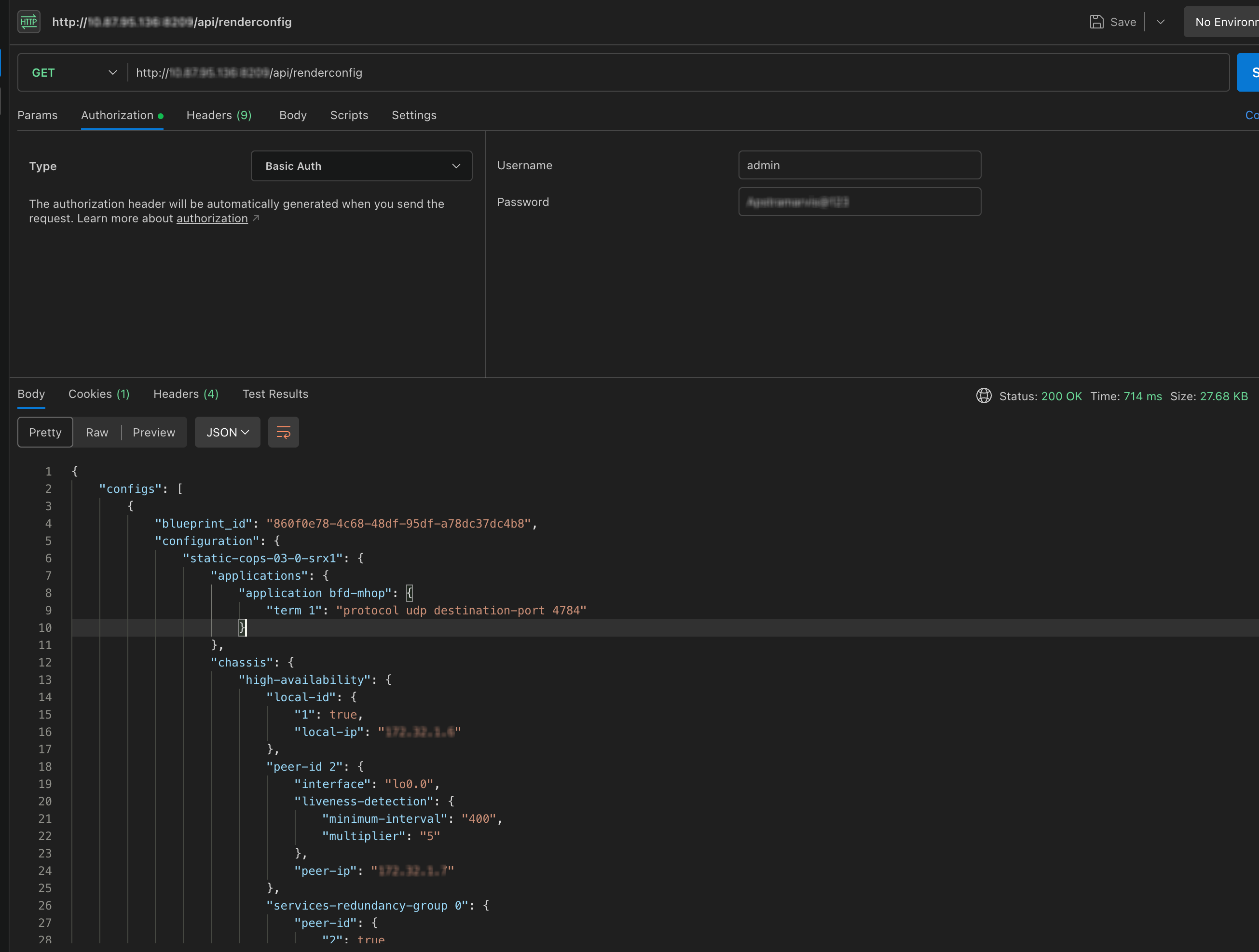 Postman interface showing a GET request to an API endpoint with Basic Auth. The JSON response includes system configuration details like Blueprint ID, UDP application settings, high-availability chassis parameters, and redundancy group settings. Response status is 200 OK, time 714 ms, size 27.68 KB.
