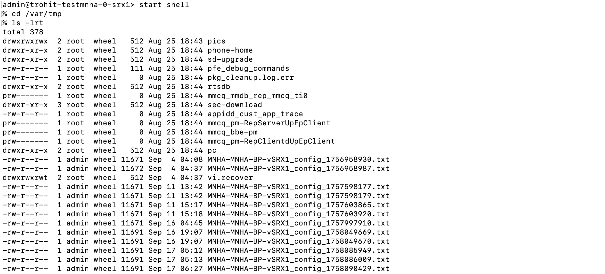 Shell command output showing `ls -lrt` in the /var/tmp directory on a Unix-like system. Displays file permissions, owners, groups, sizes, timestamps, and names of directories, files, named pipes, and temporary configuration files.