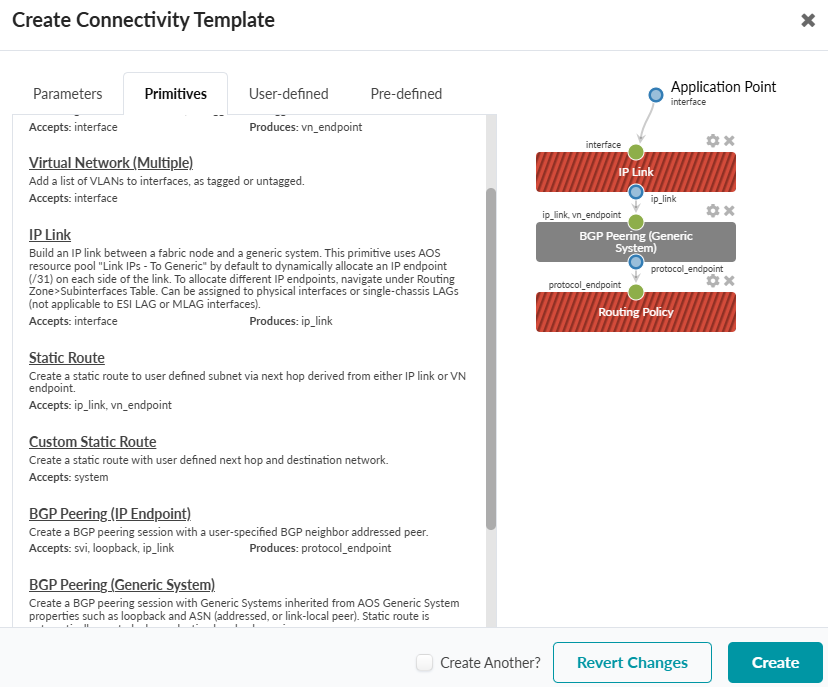 User interface for creating a connectivity template in a network automation platform, with tabs for configuration options, a primitives list, a visual diagram showing flow from application point to routing policy, and buttons to create or revert changes.