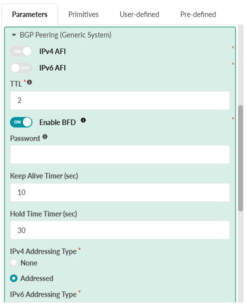 Configuration interface for BGP peering setup with options for IPv4 and IPv6 AFI toggles, TTL, BFD toggle, password, keep-alive and hold time timers, and addressing type selection for IPv4 and IPv6.
