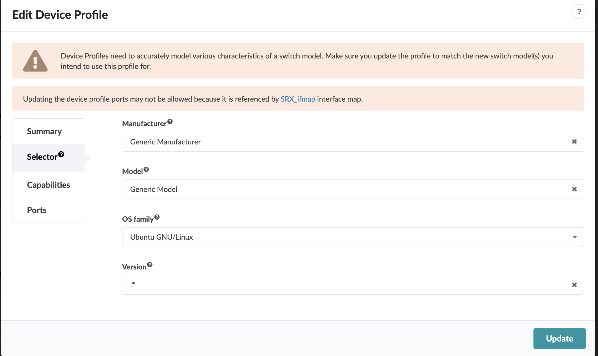 User interface for editing a device profile with fields for Manufacturer, Model, OS family, and Version. Selected values: Generic Manufacturer, Generic Model, Ubuntu GNU/Linux, and any version. Includes warnings about ensuring the profile matches the switch model and restrictions on updating ports due to interface map reference SRX_ifmap. Navigation menu on the left with options like Summary, Selector, Capabilities, and Ports. Update button at the bottom right.