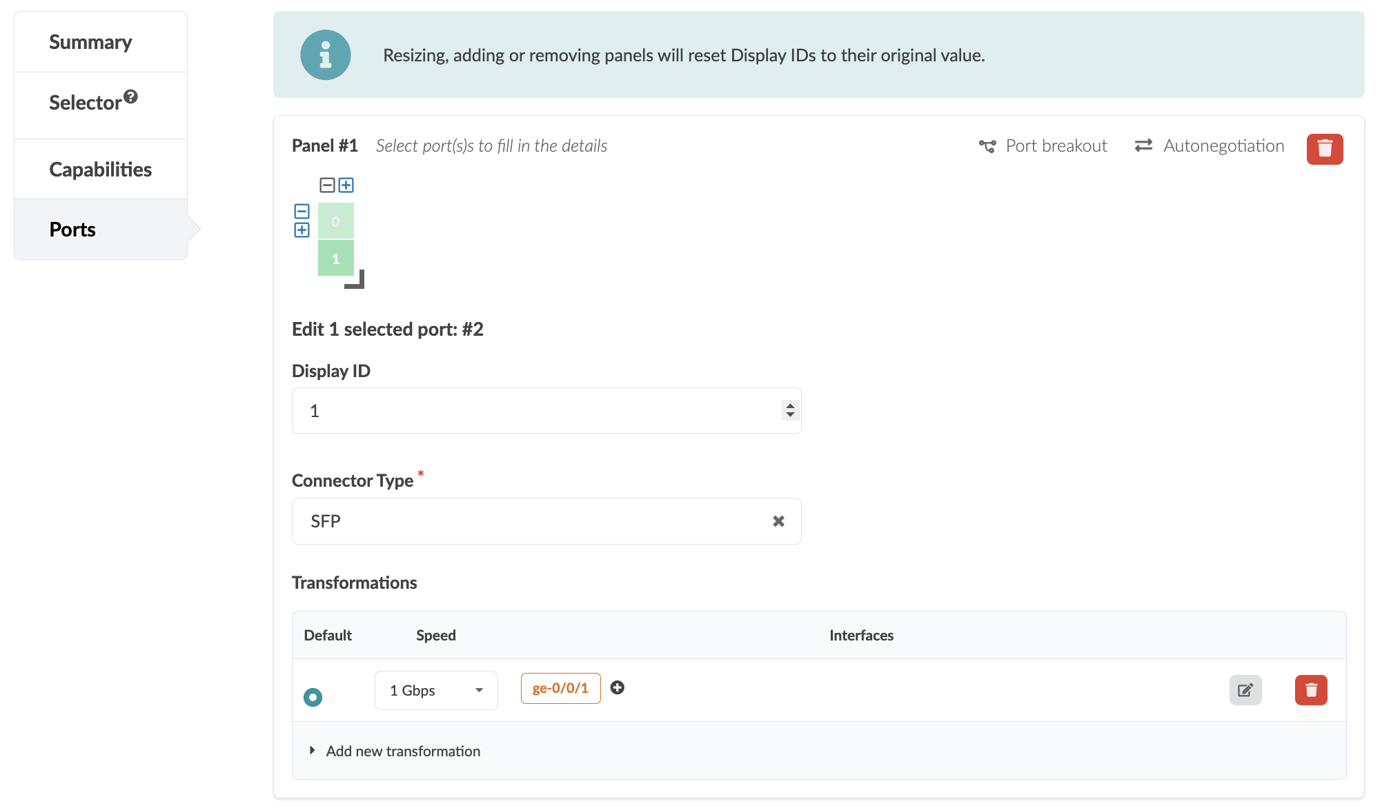 Configuration interface for managing network ports with options to select ports, set display ID, choose connector type, configure speed and interface, and access additional settings.