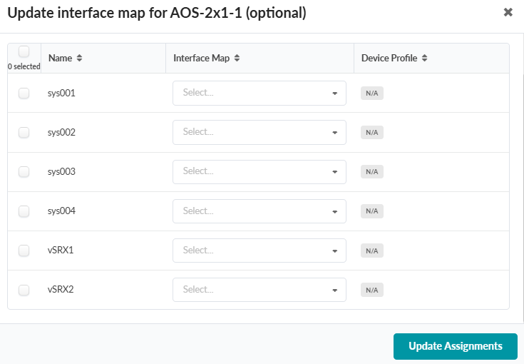 User interface for updating the interface map for AOS-2x1-1 with a table listing system names, dropdowns for interface map selection, device profiles marked as N/A, and an Update Assignments button.