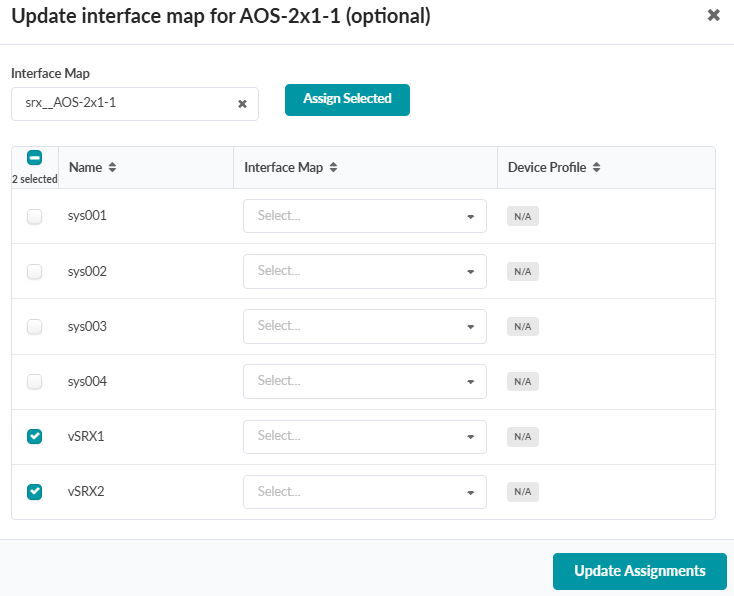 User interface for updating interface map for AOS-2x1-1, showing systems with checkboxes. vSRX1 and vSRX2 are selected. Dropdowns available for Interface Map and Device Profile. Buttons for Assign Selected and Update Assignments.