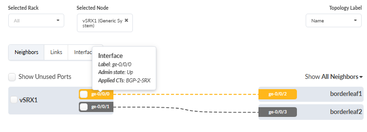 Network topology visualization showing vSRX1 connected to borderleaf1 and borderleaf2 with interface details.
