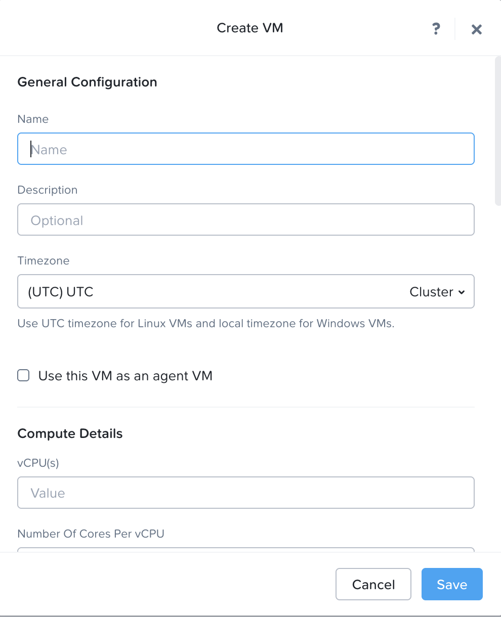 User interface for creating a virtual machine with fields for name, description, timezone, agent VM checkbox, vCPUs, cores per vCPU, and Cancel and Save buttons.