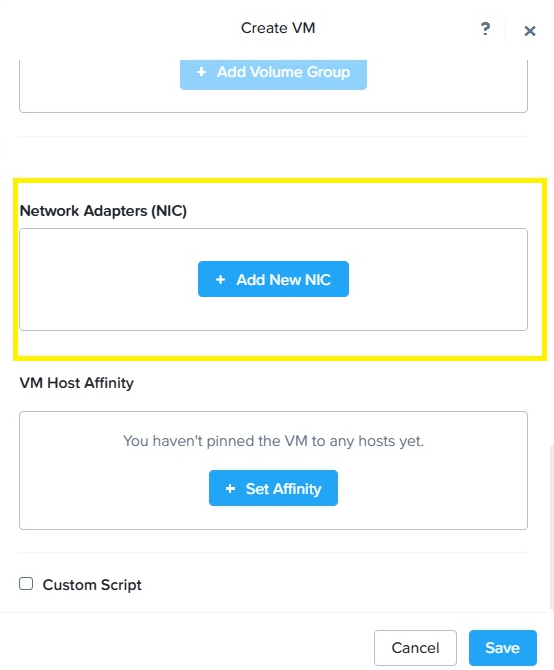 Configure Network Adapters with Add New NIC button and VM Host Affinity rules options for virtual machine setup.