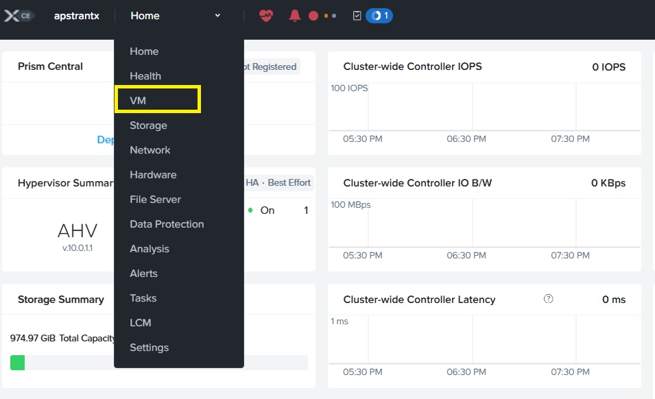 Nutanix Prism interface showing VM option selected in dropdown menu, with metrics for IOPS, IO Bandwidth, Latency, storage, and hypervisor summaries.