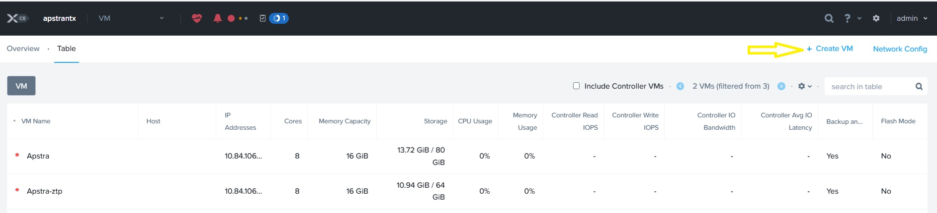 Virtual machine management interface showing a table with details like VM names Apstra and Apstra-ztp, IP addresses, performance metrics, and a Create VM button highlighted with a yellow arrow.