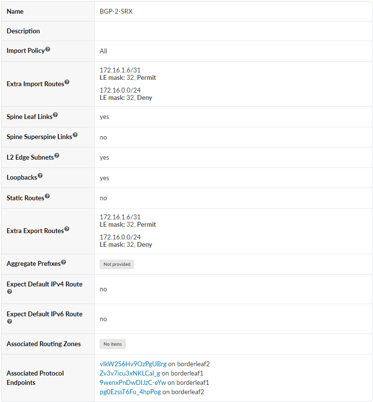 BGP routing policy configuration named BGP-2-SRX showing import/export rules, routing settings, and associated endpoints.