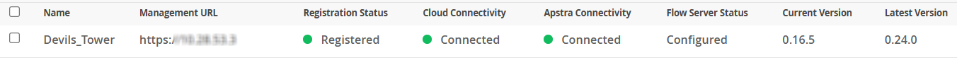 System management interface showing Devils_Tower with registration status registered, cloud and Apstra connectivity connected, flow server configured, current version 0.16.5, latest version 0.24.0.