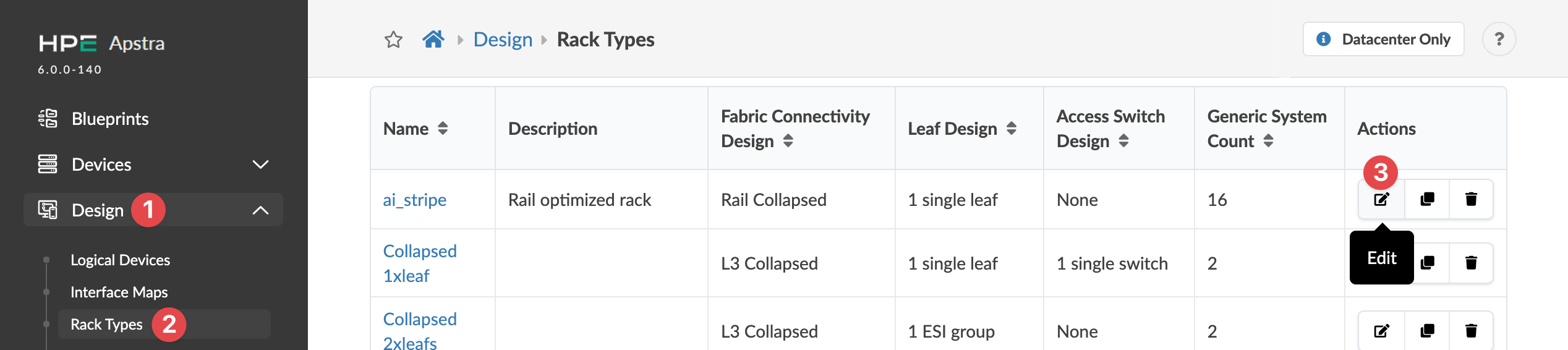 Juniper Apstra 6.0.0-140 interface showing Rack Types under Design menu with table listing rack configurations like ai_stripe and Collapsed xleaf.