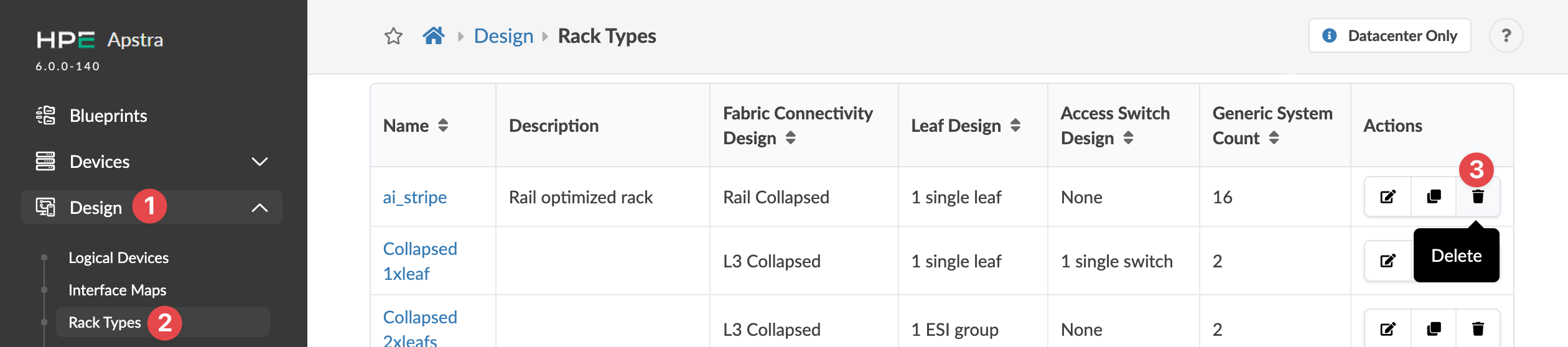 HPE Apstra interface showing the Rack Types section under Design menu, with a table listing rack details and actions like edit and delete.