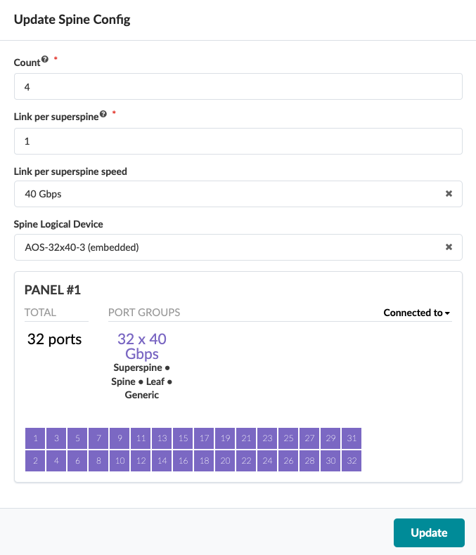 Configuration interface for updating spine settings in a network topology with 4 spines and 1 link per superspine at 40 Gbps.