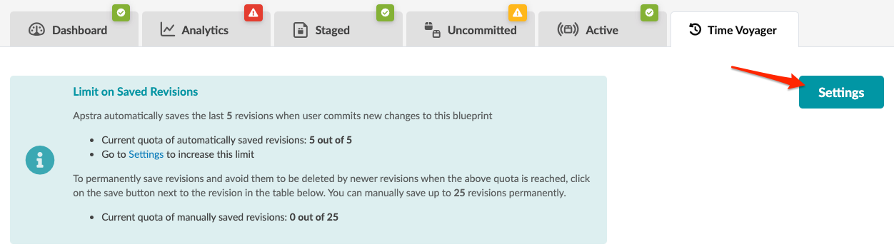 User interface screenshot with tabs for Dashboard, Analytics, Staged, Uncommitted, Active, and Time Voyager. Shows revision limits; 5 of 5 auto-saved, 0 of 25 manual. Settings button highlighted for increasing limits.
