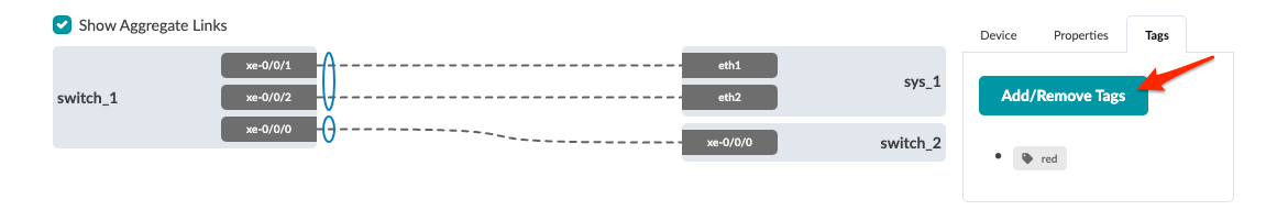 Network topology diagram showing connections between devices: switch_1 with interfaces xe-0/0/1, xe-0/0/2, xe-0/0/0; sys_1 with eth1 and eth2; and switch_2 with xe-0/0/0. Aggregated links and a tag labeled red are displayed.