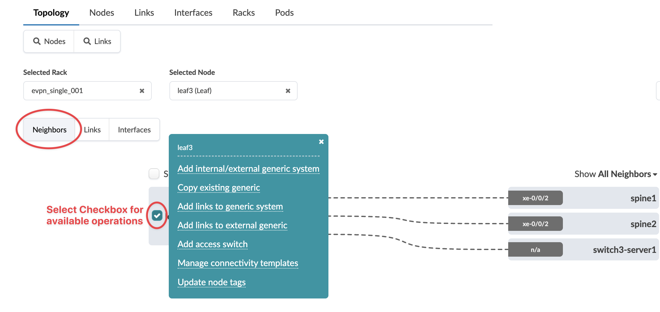 Network topology interface showing options for managing nodes and links, with "leaf3" selected. Connections to "spine1," "spine2," and "switch3-server1" visible. Uncommitted changes indicated.