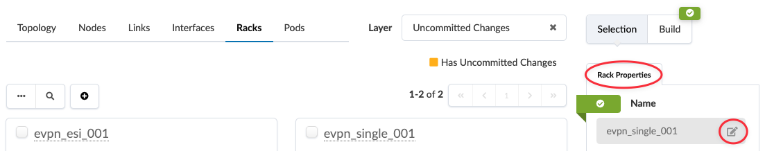 Network management interface showing the Racks tab with two listed racks: evpn_esi_001 and evpn_single_001. Rack Properties section displays an editable field for the selected rack name. Layer filter set to Uncommitted Changes with a yellow indicator. Icons for selection, building, and editing are visible.