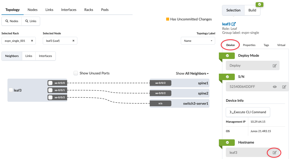 Network topology interface displaying node leaf3 connected to spine1 via xe-0/0/0, spine2 via xe-0/0/1, and switch3-server1 via xe-0/0/2. Node details show leaf3 in rack evpn_single_001, role Leaf, group evpn-single, deploy mode, serial number 52540064DDFF, management IP 10.29.64.15, OS Junos 21.4R3.15, hostname leaf3. Options available for neighbors, links, and interfaces.