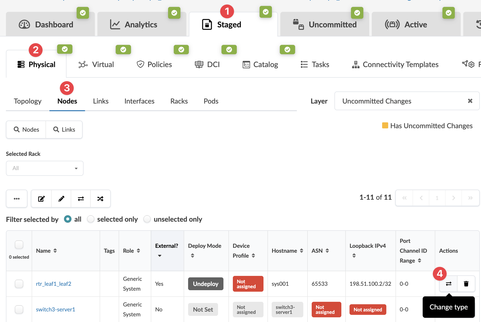 Network management interface showing a selected 'Staged' tab with node details like Name, Role, Deploy Mode, and Actions.