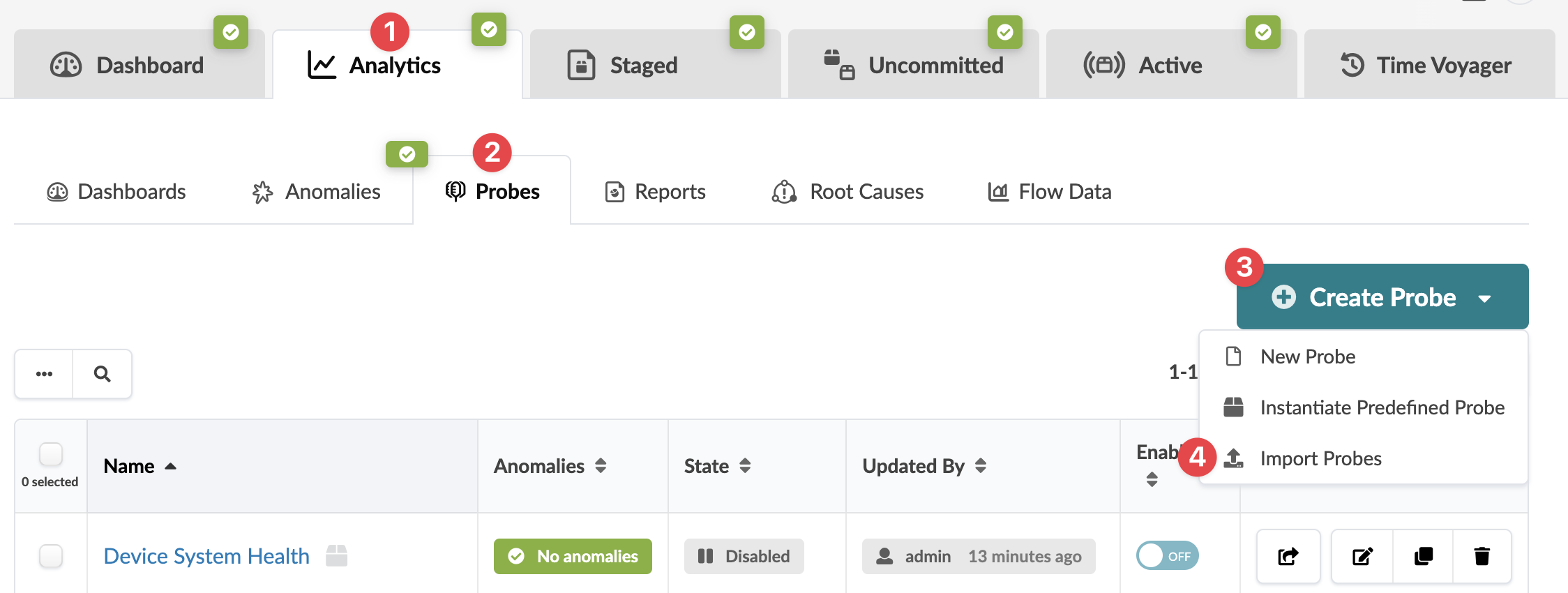 User interface screenshot of a monitoring platform with navigation tabs like Dashboard and Analytics, sub-options like Dashboards and Anomalies, and a Create Probe dropdown with New Probe option. Below, a table displays probe details like Name, Anomalies, State, and Enable Toggle.
