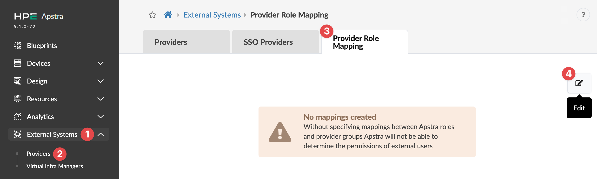 Juniper Apstra UI showing Provider Role Mapping section with no mappings created, warning about external user permissions.