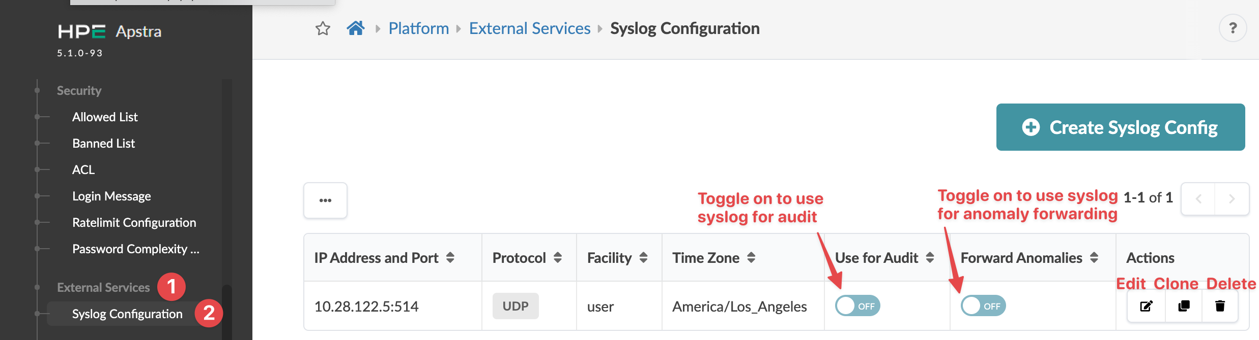 Syslog Configuration interface in Juniper Apstra, showing syslog server settings with IP 10.28.122.5:514 using UDP, and audit/anomaly toggles off.