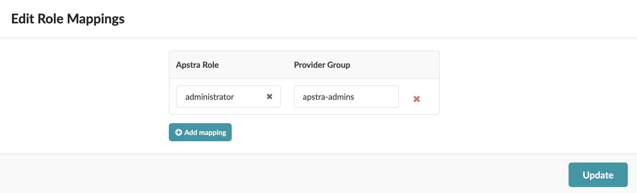 Edit Role Mappings interface showing a table with Apstra Role administrator and Provider Group apstra-admins. Includes red X buttons to delete mappings, teal Add mapping and Update buttons for actions.